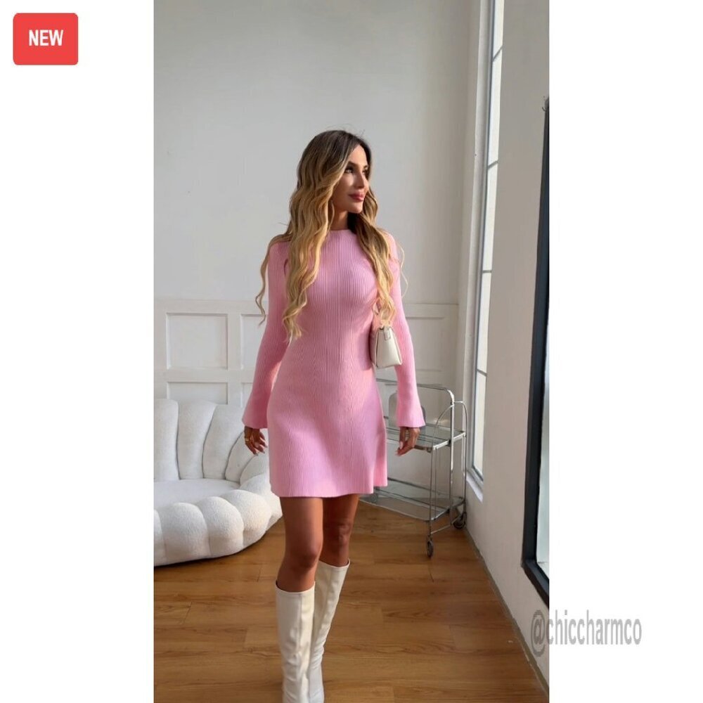 Ribbed Knit Mock Neck Sweater Dress A-Line Mini Bodycon Long Sleeve - Picture 8 of 8